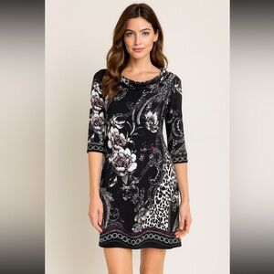 Elegant WHBM Dress Black, White, Fuchsia, Size XS 3/4 Sleeves